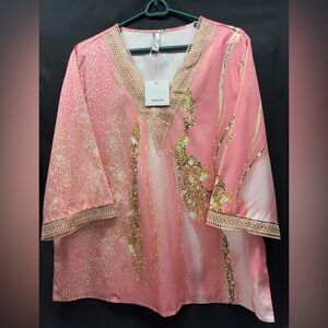 Natori Pink Tunic with Gold Crochet-Trim V-Neck